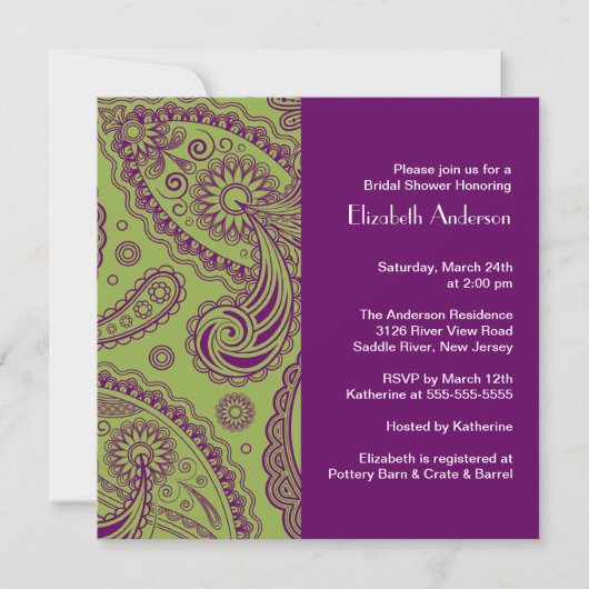 Paisley Bridal Shower Invitation Paars & Green Kaart (Voorkant)