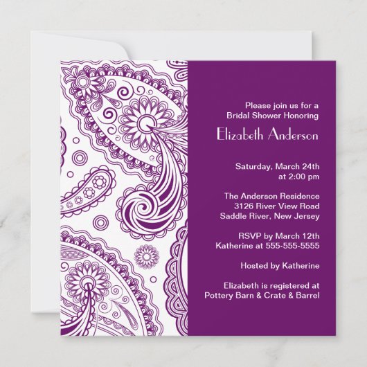 Paisley Bridal Shower Invitation Paars & White Kaart (Voorkant)