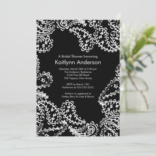 Paisley Bridal Shower Invitation White en Black Kaart (Staand voorkant)