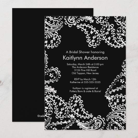 Paisley Bridal Shower Invitation White en Black Kaart (Voorkant / Achterkant)