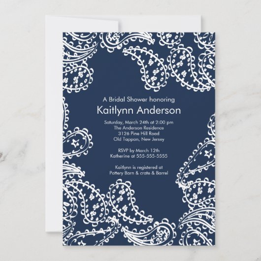 Paisley Bridal Shower Invitation White & Navy Blue Kaart (Voorkant)