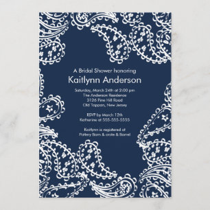 Paisley Bridal Shower Invitation White & Navy Blue Kaart