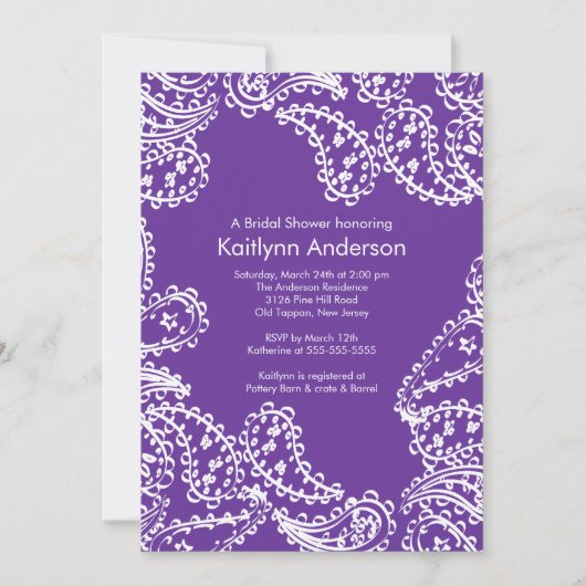 Paisley Bridal Shower Invitation White Paars Kaart (Voorkant)