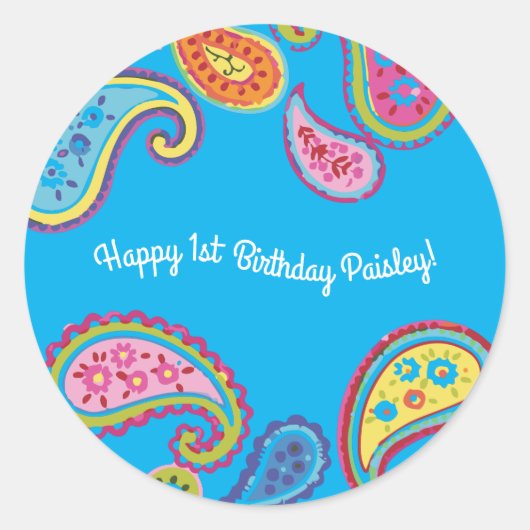 Paisley Cute Colorful 1st Birthday Party Ronde Sticker (Voorkant)