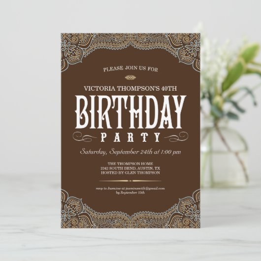 Paisley Dark Brown Birthday Party-uitnodigingen Kaart (Staand voorkant)