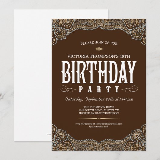 Paisley Dark Brown Birthday Party-uitnodigingen Kaart (Voorkant / Achterkant)