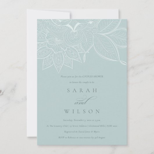  Paisley Dusky Blue Couples Shower Invite Bedankkaart (Voorkant)