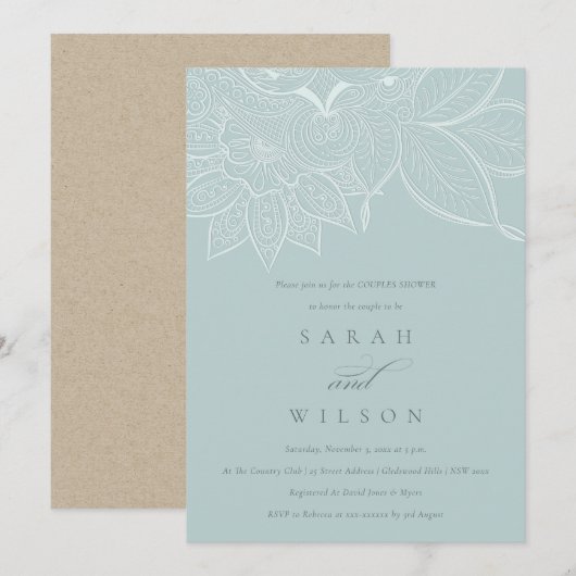  Paisley Dusky Blue Couples Shower Invite Bedankkaart (Voorkant / Achterkant)