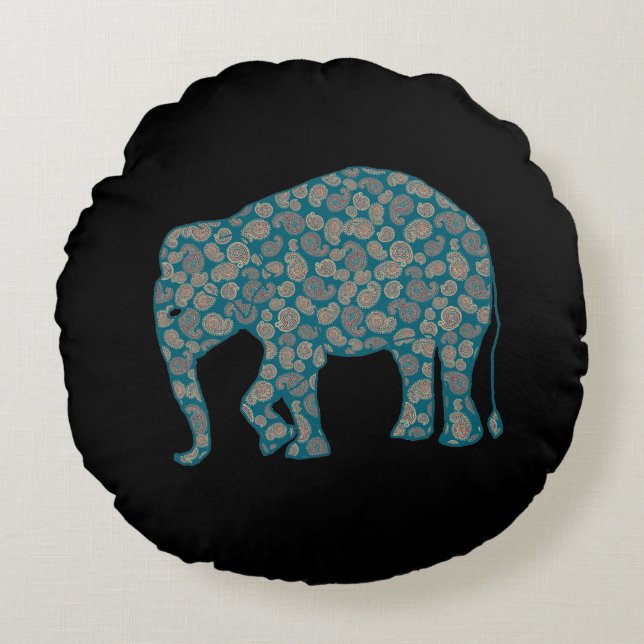 Paisley Elephant Custom Black Round Pillow Rond Kussen (Voorkant)