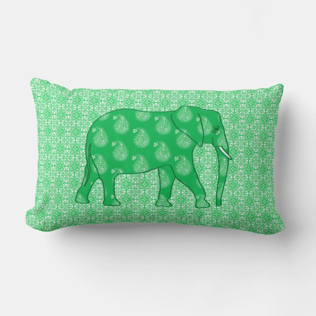 Paisley elephant - jade groen en wit kussen (Voorkant)
