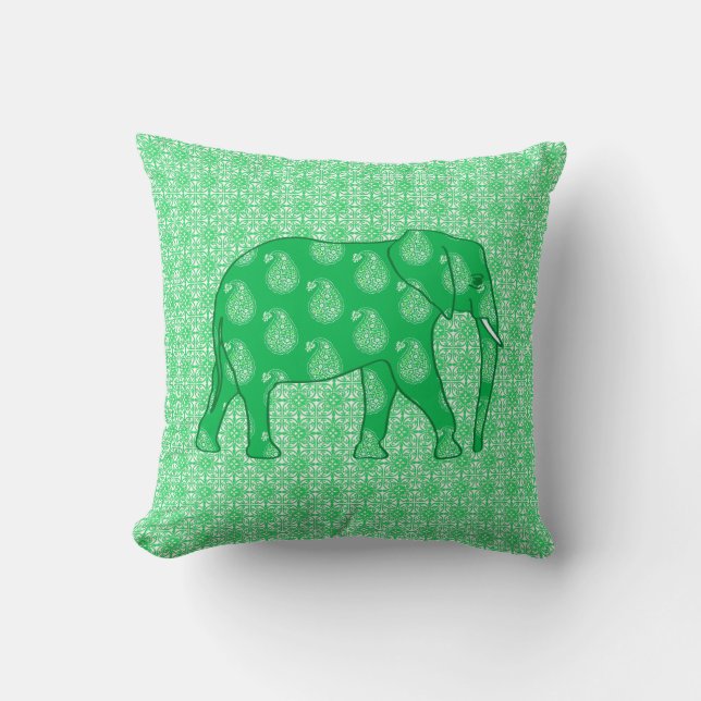 Paisley elephant - jade groen en wit kussen (Voorkant)