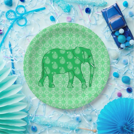 Paisley elephant - jade groen en wit papieren bordje (Feest)