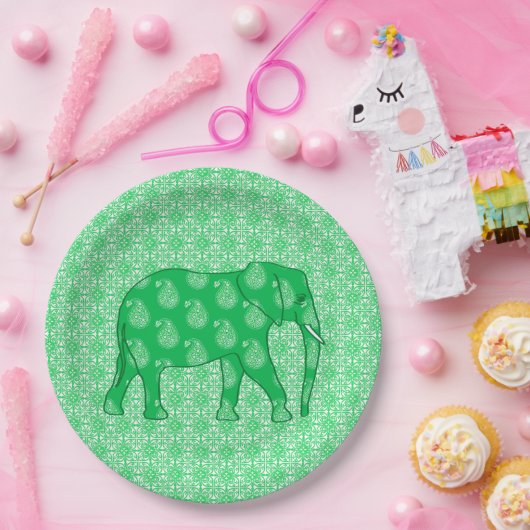 Paisley elephant - jade groen en wit papieren bordje (Feest)