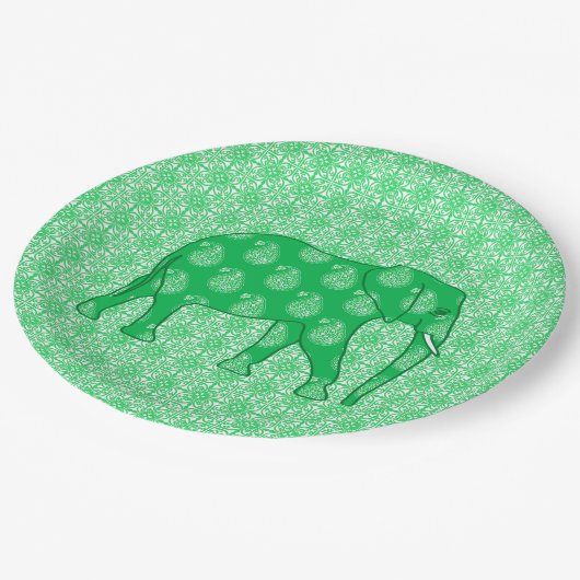 Paisley elephant - jade groen en wit papieren bordje (Gekanteld)