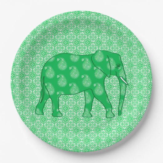 Paisley elephant - jade groen en wit papieren bordje (Voorkant)