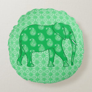 Paisley elephant - jade groen en wit rond kussen