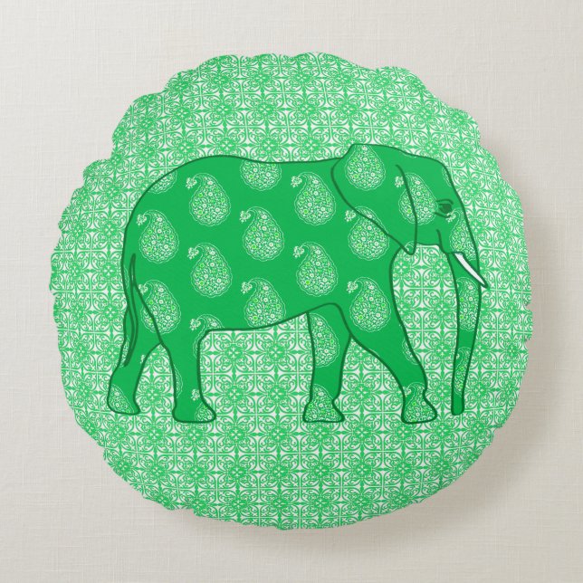 Paisley elephant - jade groen en wit rond kussen (Voorkant)