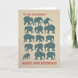 Paisley Elephants 15th Birthday Card for Grandson Kaart