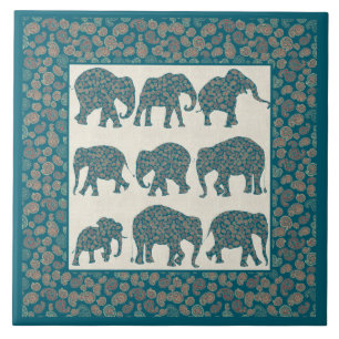 Paisley Elephants op beige en Border Ceramic Tegel Tegeltje