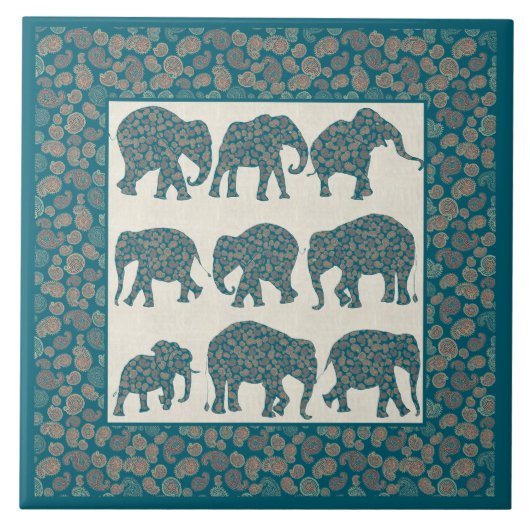 Paisley Elephants op beige en Border Ceramic Tegel Tegeltje (Voorkant)