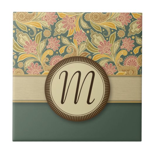 Paisley en Fan Flowers met monogram Tegeltje (Voorkant)