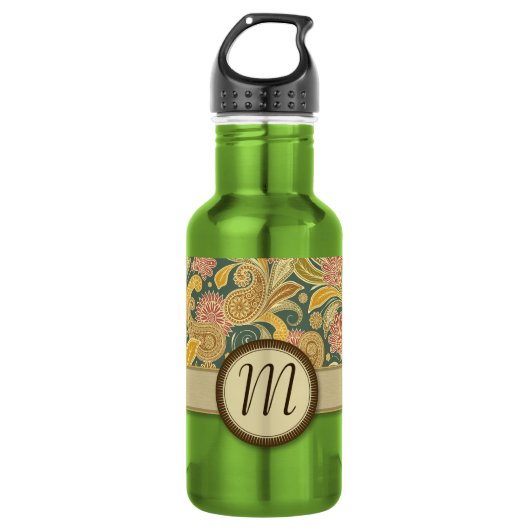 Paisley en Fan Flowers met monogram Waterfles (Voorkant)