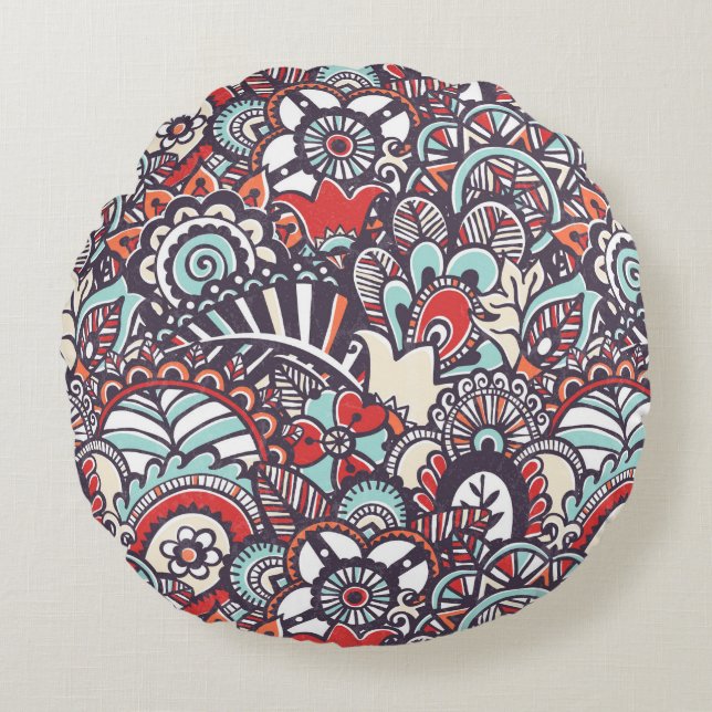 Paisley Floral Doodle Pattern Rond Kussen (Voorkant)