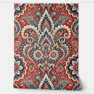 Paisley Floral Fusion in rood, wit en blauw Behang