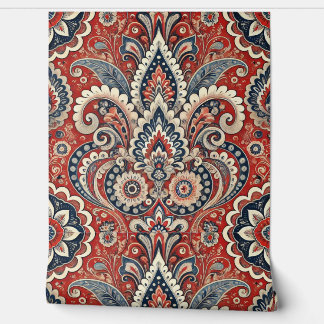 Paisley Floral Fusion in rood, wit en blauw Behang