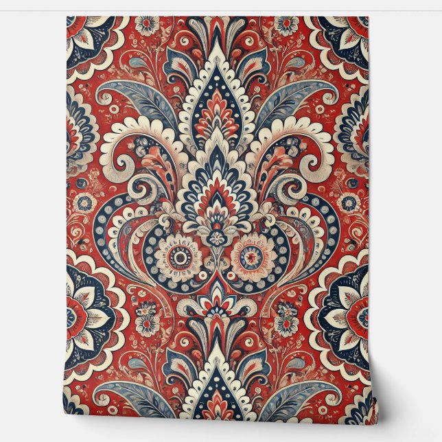 Paisley Floral Fusion in rood, wit en blauw Behang (Afrollen)