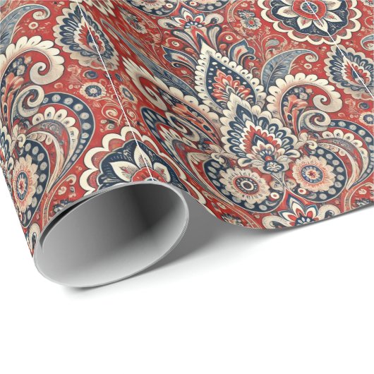 Paisley Floral Fusion in rood, wit en blauw Cadeaupapier (Rol Hoek)