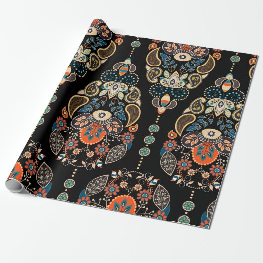 Paisley floral naadloos. Donkere achtergrond met Cadeaupapier (Uitgerold)