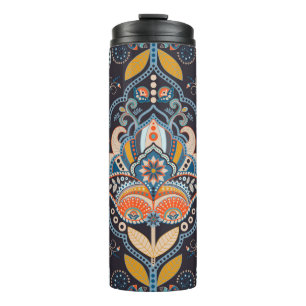 Paisley floral naadloos. Donkere achtergrond met Thermosbeker