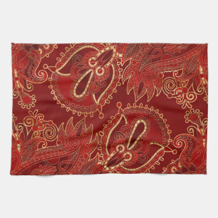 Paisley Floral Ornament Ruby red en gold Theedoek