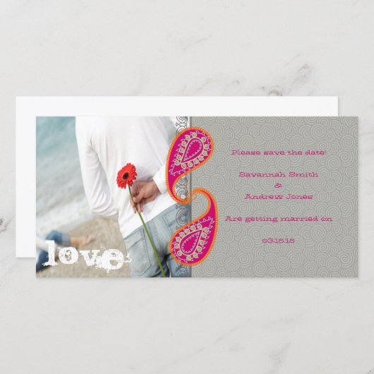 Paisley Fuchsia en Oranje foto Save the Date (Voorkant / Achterkant)