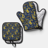 Paisley geel blauw patroon ovenwant & pannenlap set (Voorkant / Achterkant)