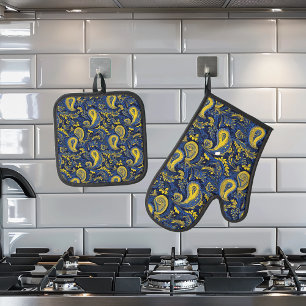 Paisley geel blauw patroon ovenwant & pannenlap set