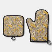 Paisley geel grijs patroon ovenwant & pannenlap set (Voorkant)