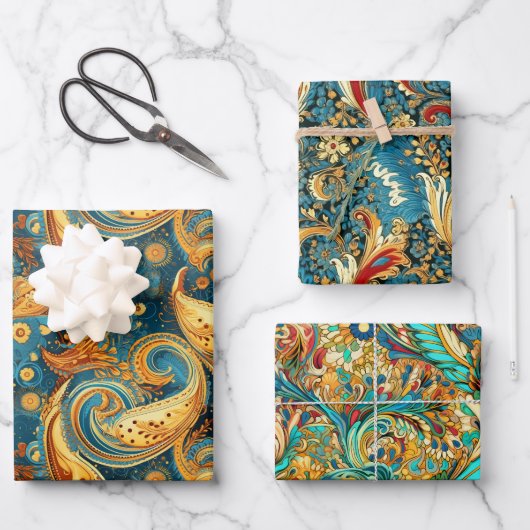 Paisley Golden Flower Abstract Patroon Set 1 Inpakpapier Vel (Voorkant)