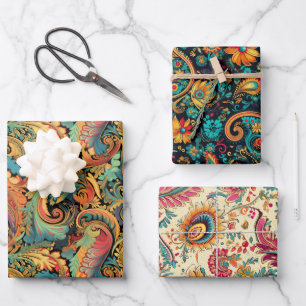 Paisley Golden Flower Abstract Patroon Set 5 Inpakpapier Vel