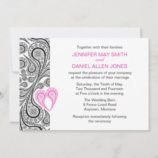 Paisley Heart Hot Pink and Black Wedding Invite Kaart (Voorkant)