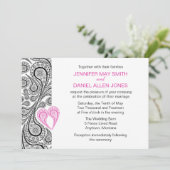 Paisley Heart Hot Pink and Black Wedding Invite Kaart (Staand voorkant)