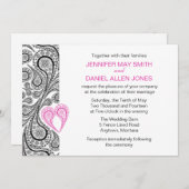 Paisley Heart Hot Pink and Black Wedding Invite Kaart (Voorkant / Achterkant)