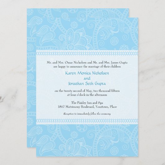 Paisley Impression in Blue Wedding Invitation Kaart (Voorkant / Achterkant)