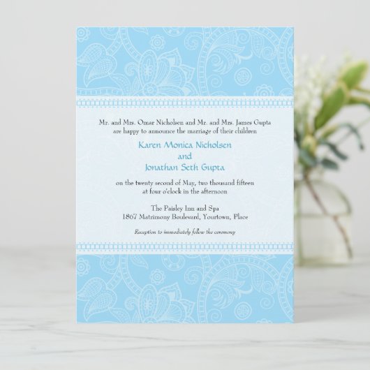 Paisley Impression in Blue Wedding Invitation Kaart (Staand voorkant)