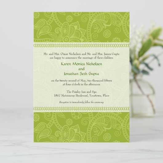 Paisley Impression in Green Wedding Invitation Kaart (Staand voorkant)