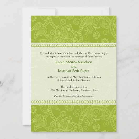 Paisley Impression in Green Wedding Invitation Kaart (Voorkant)