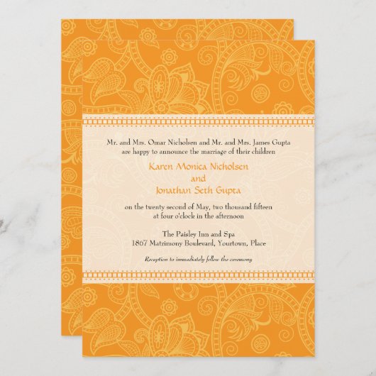 Paisley Impression in Oranje Wedding Invitation Kaart (Voorkant / Achterkant)