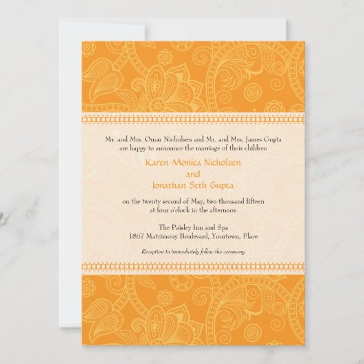 Paisley Impression in Oranje Wedding Invitation Kaart (Voorkant)