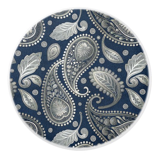 Paisley in marineblauw en elegant zilver keramische knop (Voorkant)